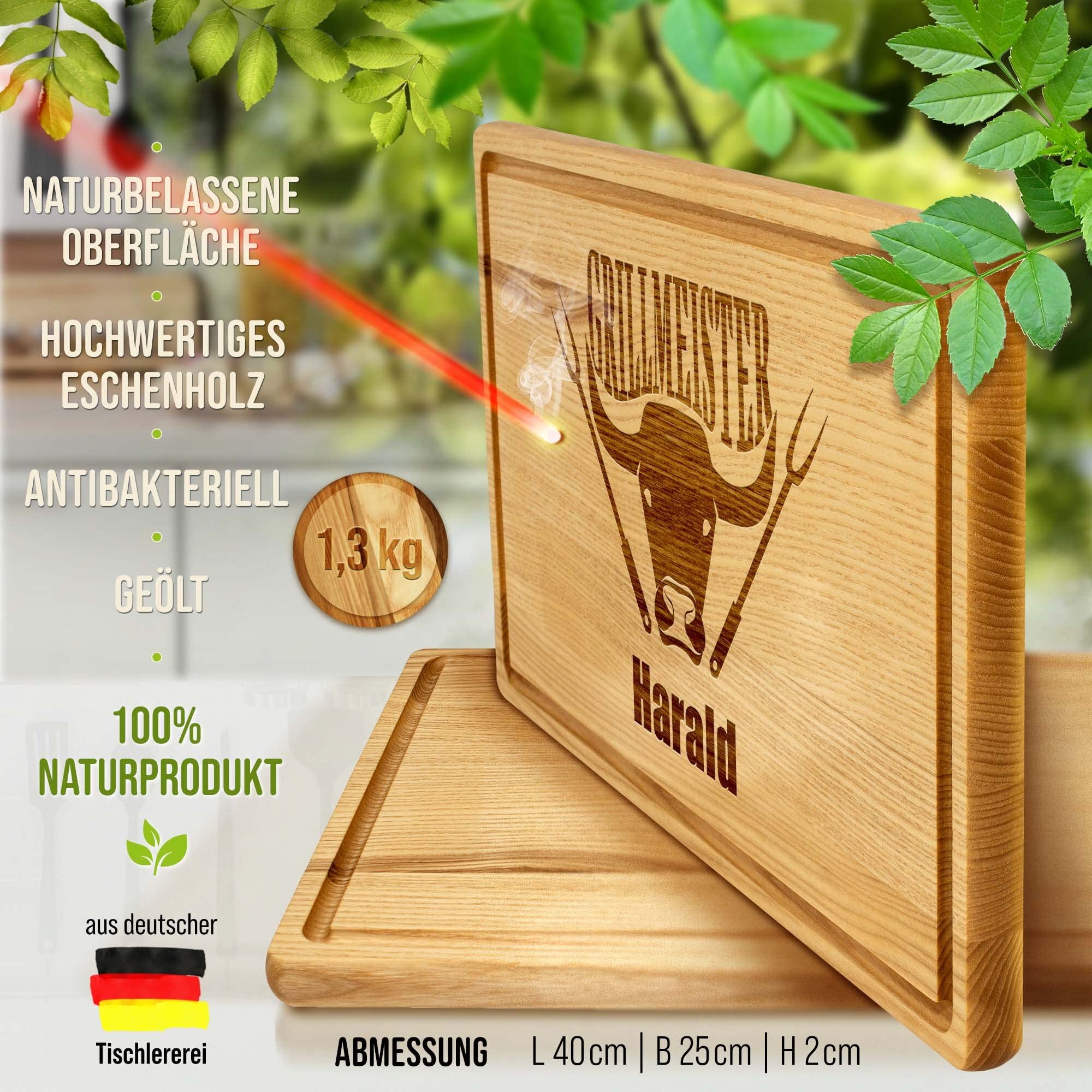PR Print Royal Großes Holzbrett mit Gravur - Schneidebrett personalisiert mit Name - Grillmeister - Geschenke für Grillfans zum Geburtstag | Eschenholz, 40 x 25 x 2 cm, personalisiertes Geschenk