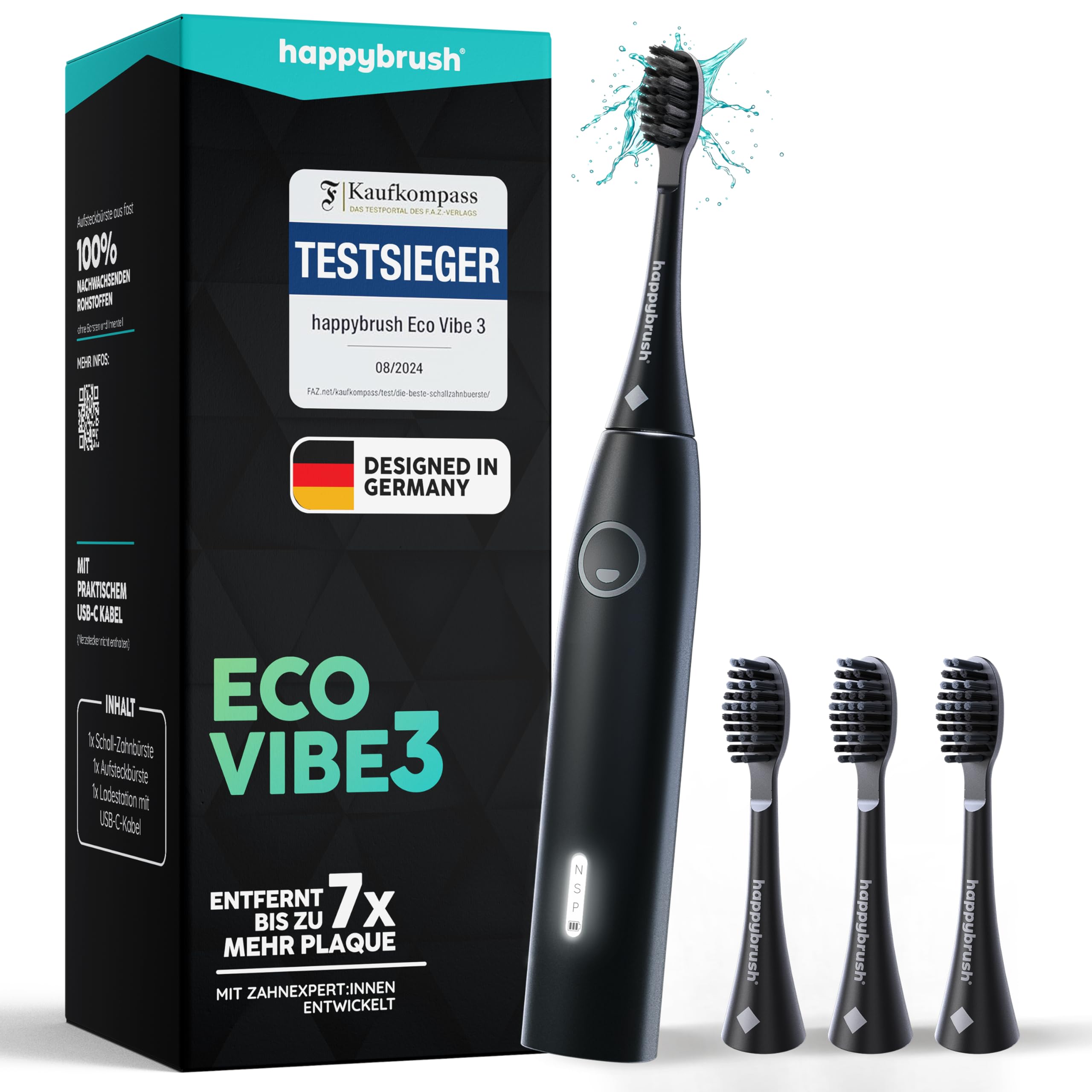 happybrush® Schallzahnbürste Eco Vibe 3 – TESTSIEGER – 100 Tage testen - Elektrische Zahnbürste mit 8 Wochen Power Akku – Ultraschall Zahnbürsten – 2 Jahre Garantie - Set mit Aufsteckbürsten - Black