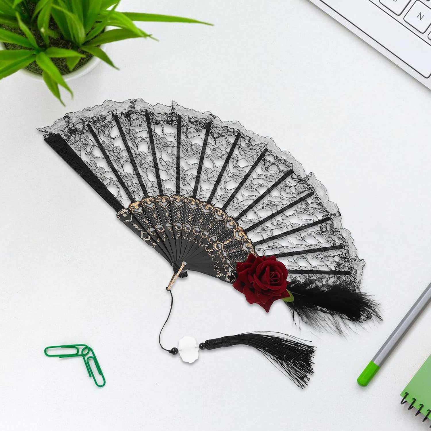 COLLBATH Vintage Victorian Lace Folding Hand Fan with Dark Plum Plume and Burgundy Rose, Retro Handheld Fan for Women’s Tea Parties, Weddings, Halloween Cosplay, Photo Props with Pendant