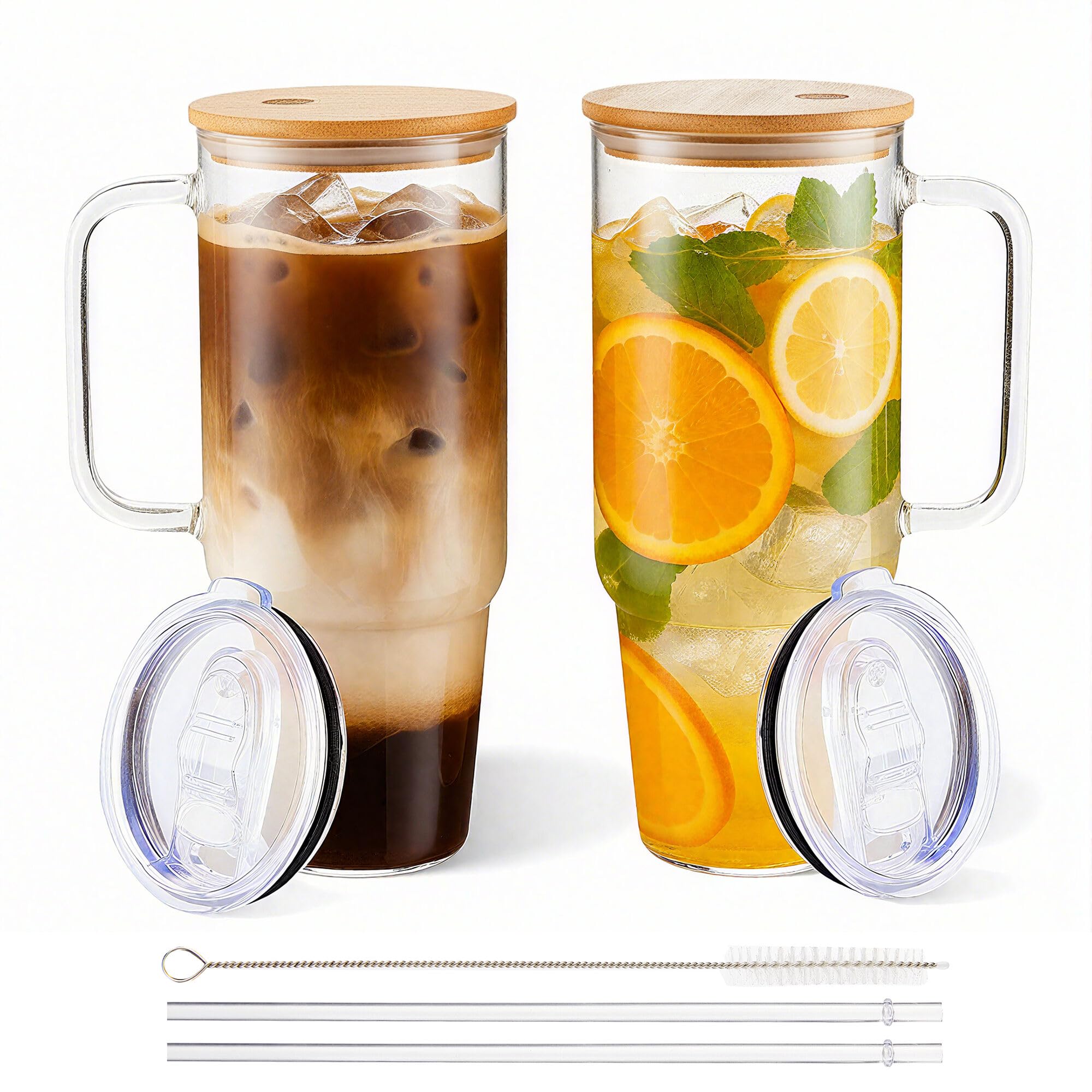 Glass Cups with Lids and Straws 2 Pack 40 oz Glass Tumbler with Handle Large Glasses Tumbler with Straw and Lid, with Bamboo Lid & Plastic Lid, for Smoothie, Coffee, Juice, Tea