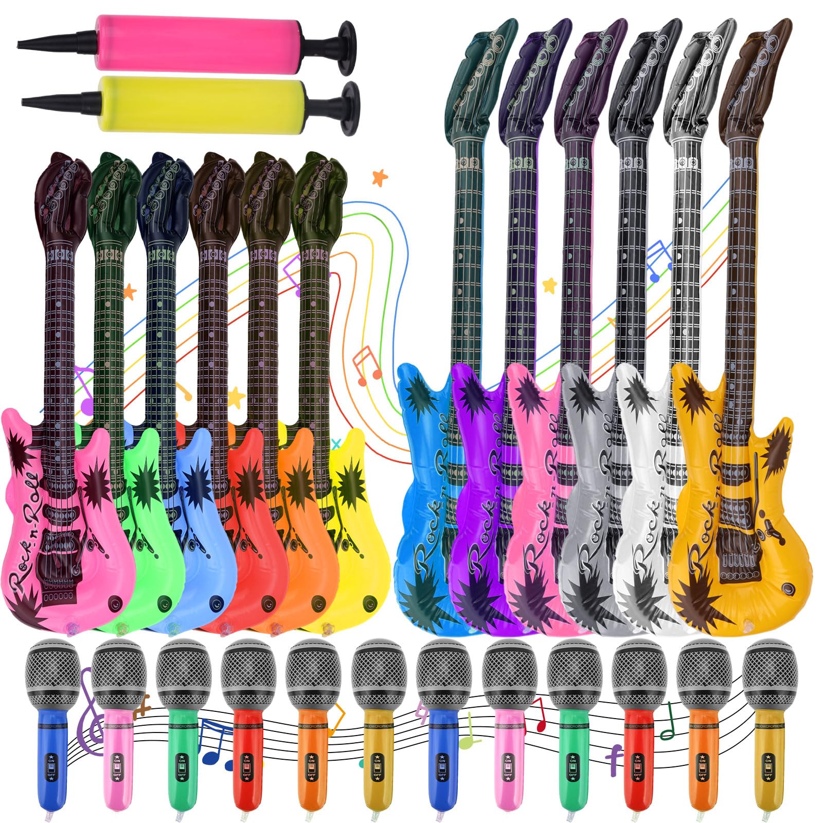26pcs Inflatable Rock Star Guitar & Microphones, Multicolored Blow up Guitar Musical Instrument Balloons Toy Set for 80s 90s Themed Party Props Favors