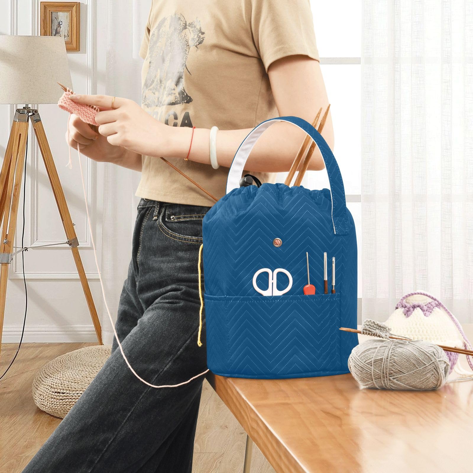 Amazon.co.jp: ポケット付き糸バッグ、マリンブルー糸バッグ、穴付き