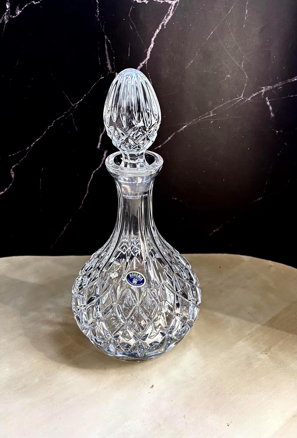 Czech Crystal Glass Whiskey Decanter 25oz./750ml. Elegant Vintage Design Heavy Base Old Fashioned Style Bottle Scotch Bourbon Cognac Vodka Brandy Carafe