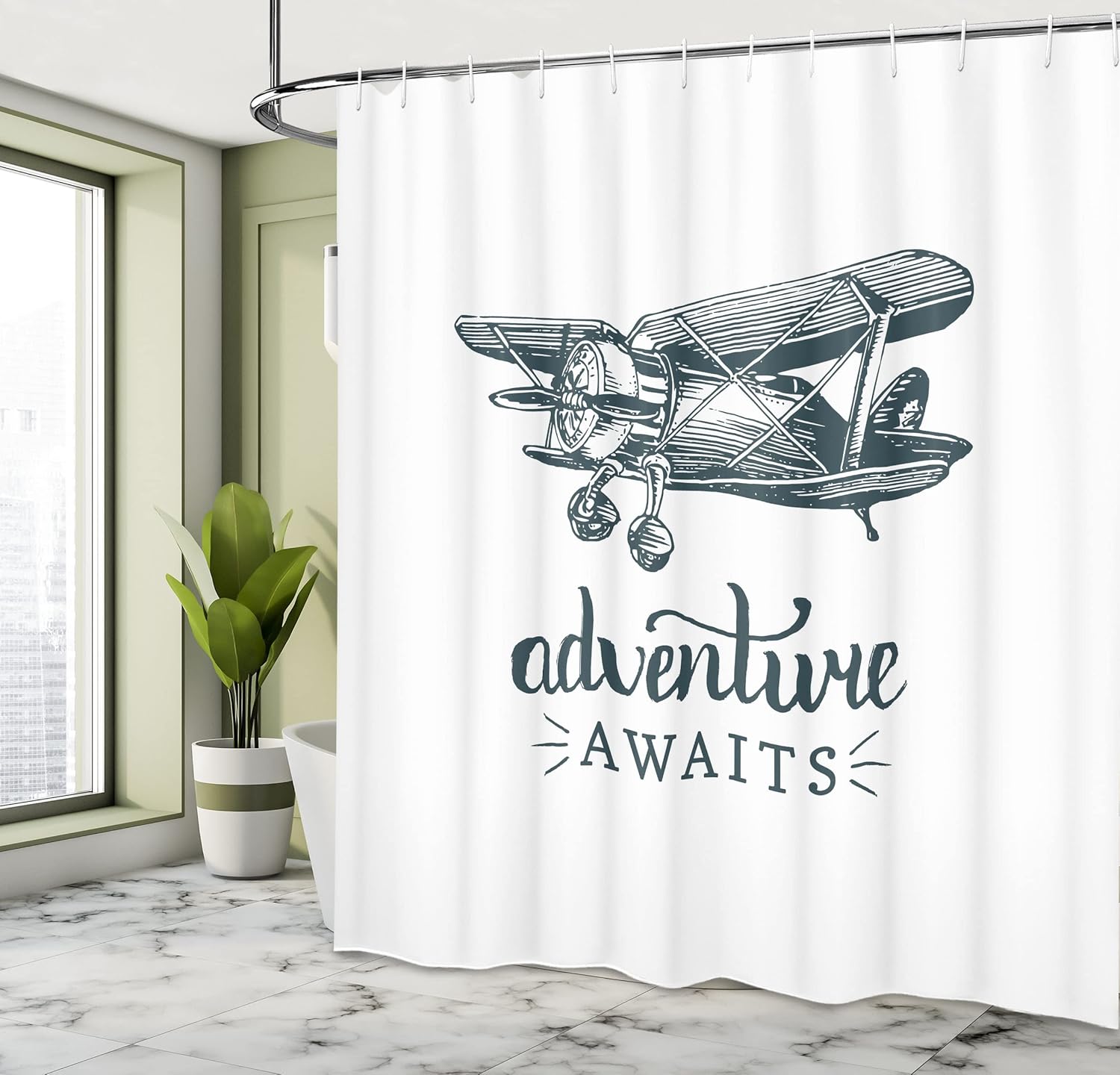 Ambesonne Saying Shower Curtain, Vintage Airplane with Typography Aviation and Adventure Theme Print, Cloth Fabric Bathroom Decor Set with Hooks, 69" W x 84" L, Dark Petrol Blue and White