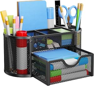APH01 Mesh Desk Organizer with Drawers, Pen Holder and Desk Organizer, 9 Compartments for Office Supplies, Black