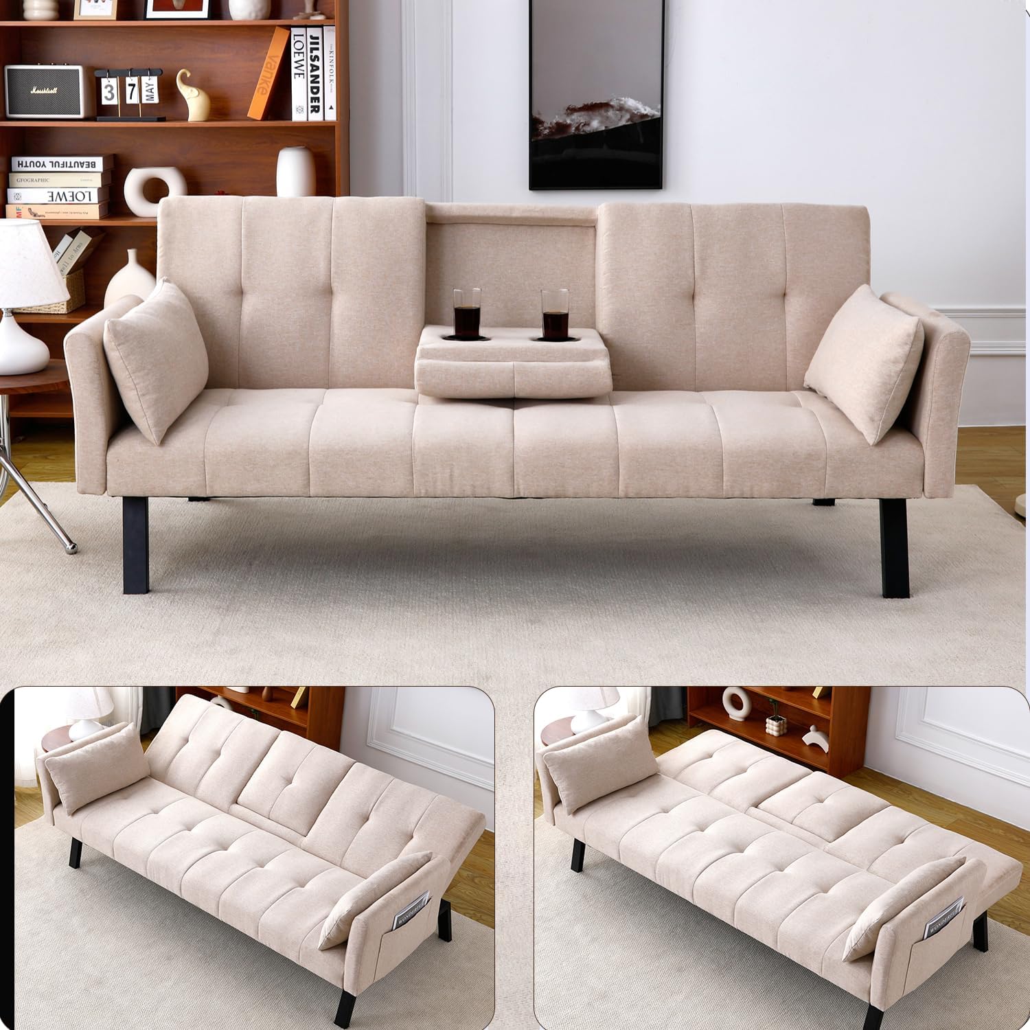 Futon Sofa Bed Modern Folding Sleeper Sofa Convertible Couches 2-Seater Loveset with 2 Cup Holders/Side Storage/ 2 Pillow for Living Room Bedroom Apartment Small Space (Beige)