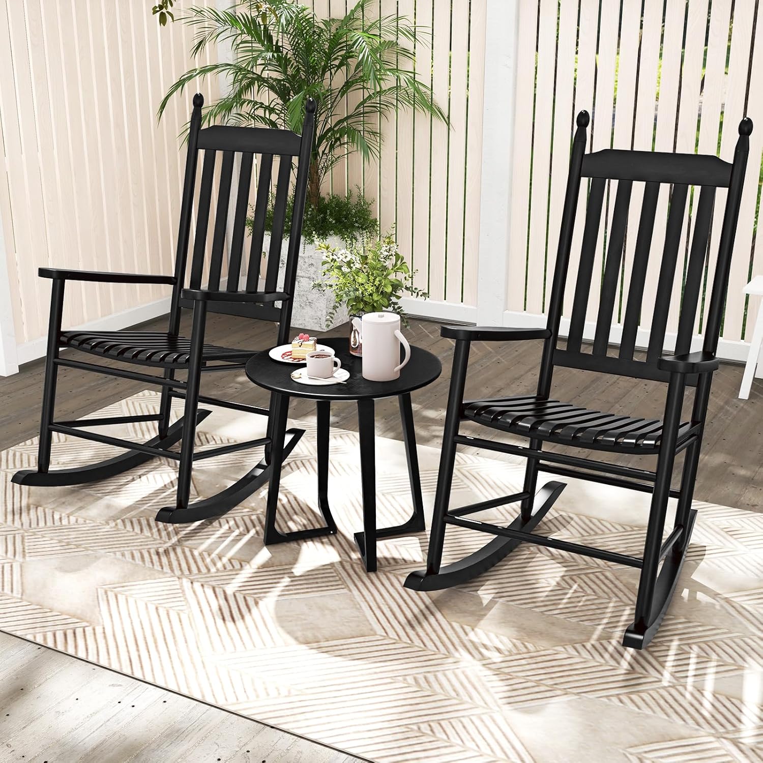 Giantex Outdoor Rocking Chair, All Weather Patio Rocker w/Solid Rocking Base & High-Back, Slatted Seat & Back, Acacia Wood Porch Rocker, Wooden Patio Rocking Chair for Backyard, Poolside, Black