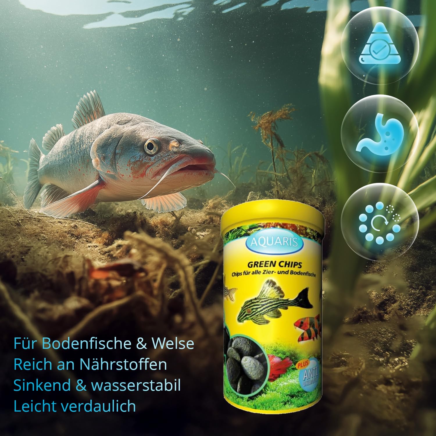 AQUARIS Green Chips Nourriture pour Poissons d'aquarium pour Poisson-Chat et Autres Poissons de Fond. Nutrition équilibrée pour vitalité, Croissance et Eau Claire - 125 g / 250 ML