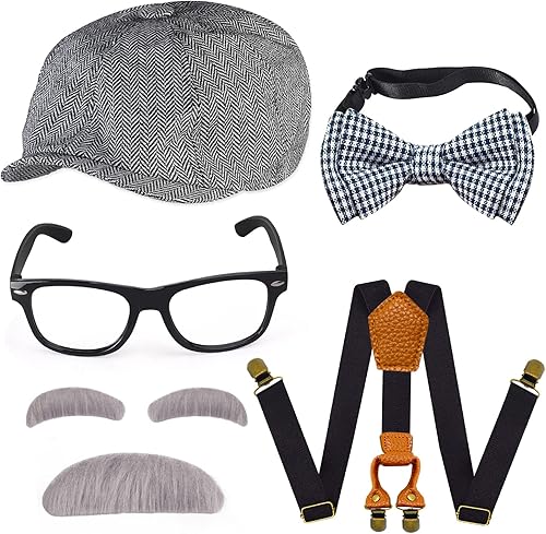 Miniatura 7 de Yewong Conjunto de disfraz de anciano de los años 20, kit de tirantes, accesorios de temporizador antiguo con sombrero de periódico, juego de