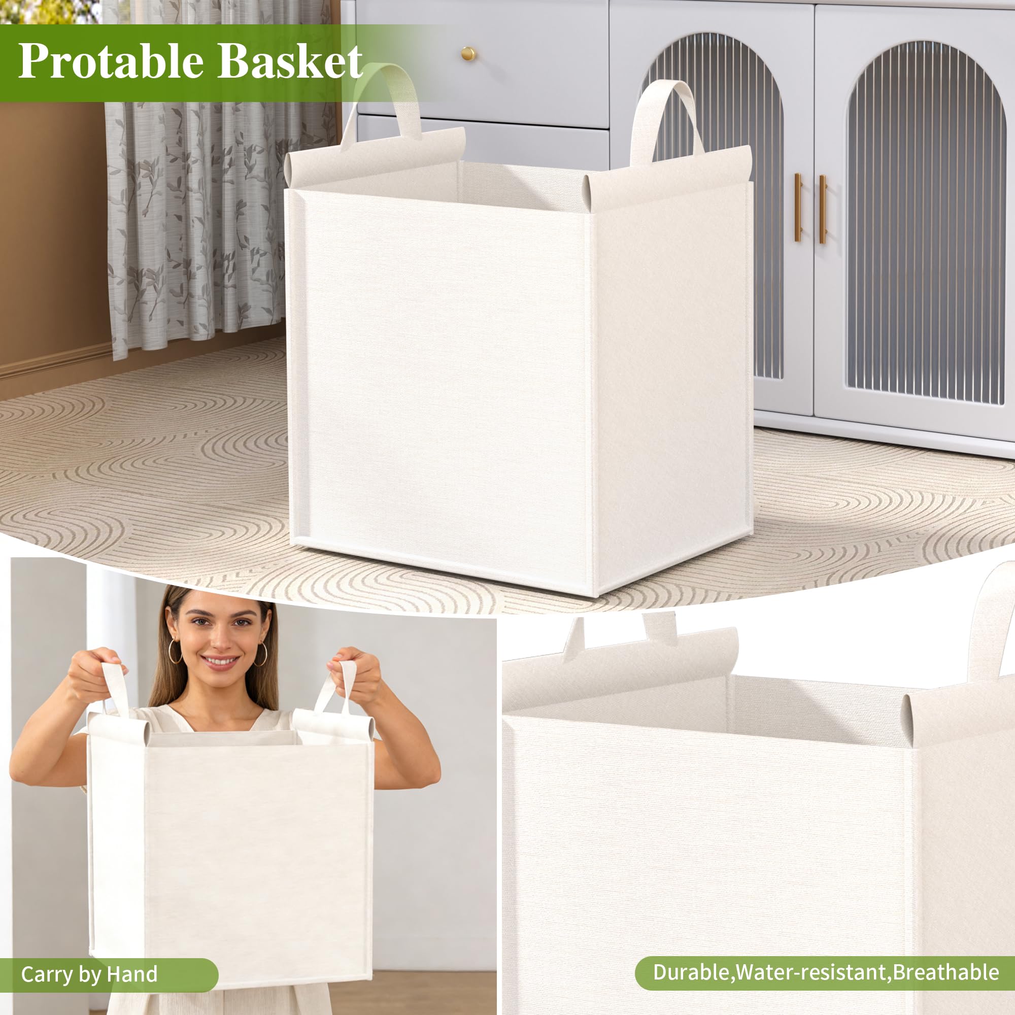VASMIA Armario de Baño con Cesto de La Ropa, Bambú Mueble de Baño con Bolsas para La Ropa, con 2 Estantes, con Cestas de Lavandería Extraíbles (2*38 L), para Baño, Dormitorio, Cuarto de Lavado, Blanco