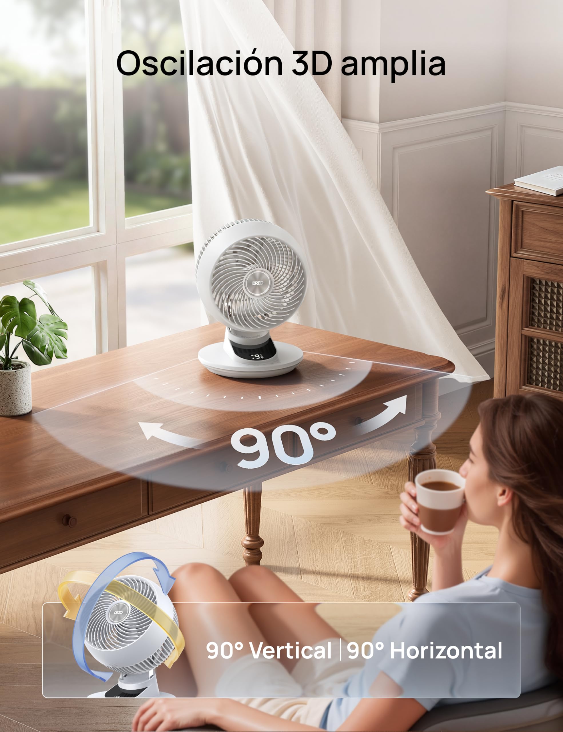 Dreo Ventilador de Mesa 3D para Dormitorio, Aire Potente 8.8 m/s, Ultra Silencioso 22 dB, Oscilación 90°, Control por App y Voz, 9 Velocidades, Temporizador 8/12 h, Ideal para Hogar y Oficina