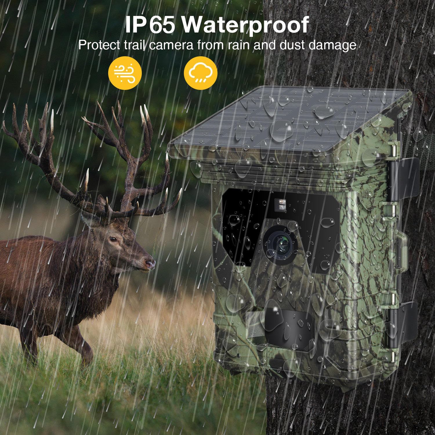 Caméra de chasse solaire 4 K 36 MP avec vision nocturne, déclenchement rapide 0,1 s, IP66 étanche, caméra de chasse pour surveillance de la faune avec carte micro SD 32 Go
