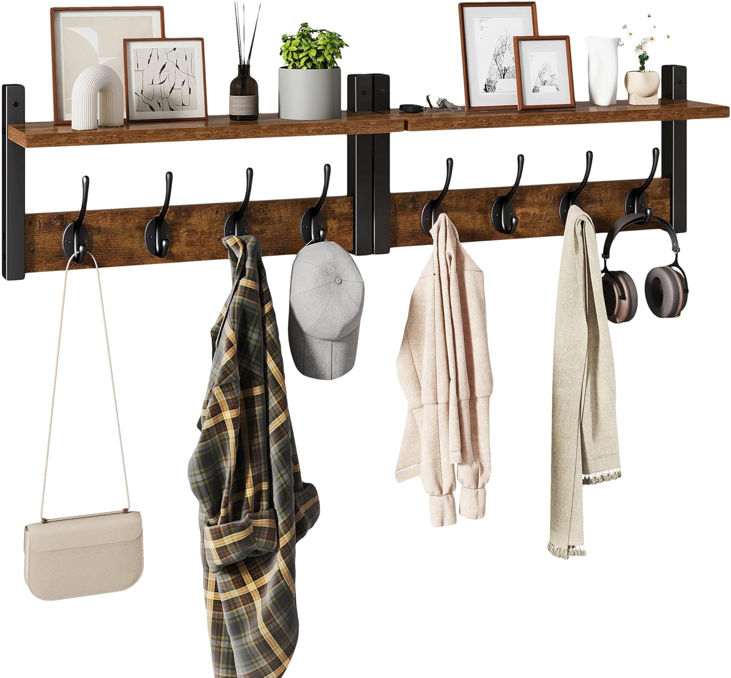 YMYNY Coat Rack Shelf Wall Mounted, Coat Hooks Set of 2, Entryway Coat Hanger with 8 Hooks, 31.5" Wall Floating Shelf with Hat Rack, for Kitchen, Bedroom, Bathroom, Rustic Brown UHWS001H-2