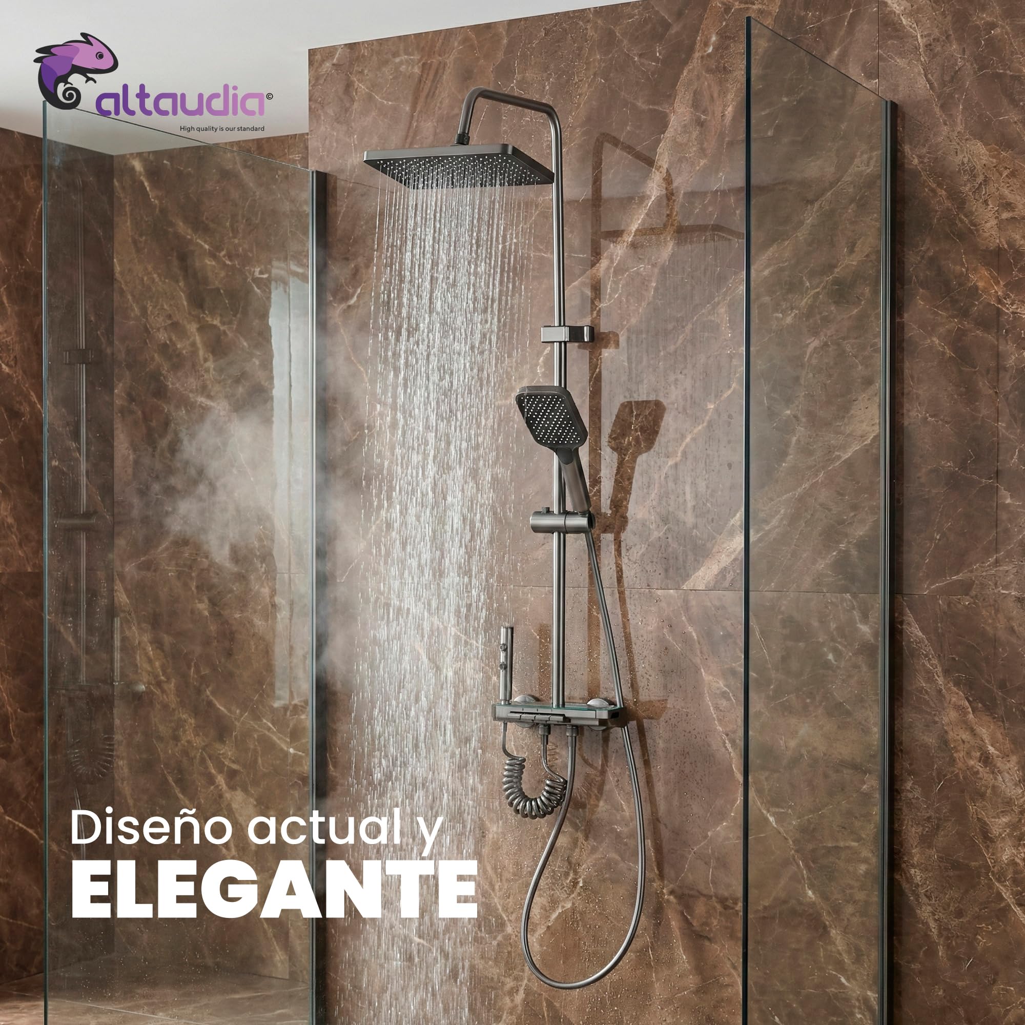 Altaudia Columna de Ducha Termostática con Pantalla LED - 4 Vías Agua (Lluvia 30×20cm, Teleducha, Spray 3 Modos, Chorro) Material Inox/ABS, Izq. Caliente/Der. Fría, Altura Regulable (Negro) — view 6