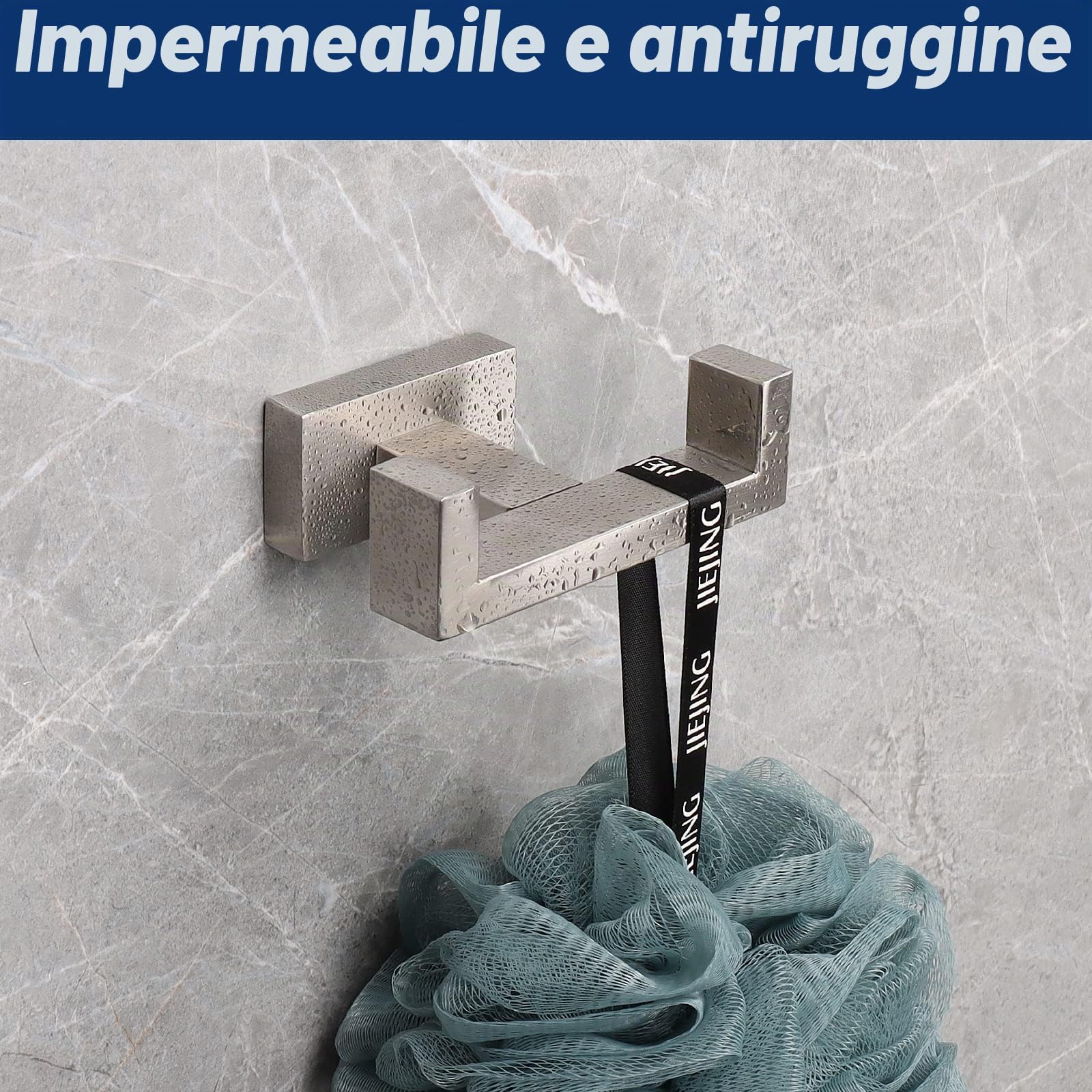 NearMoon Gancio doppio per asciugamani da bagno, in acciaio inox SUS304, quadrato, resistente, antiruggine, doppio gancio appendiabiti per bagno, soggiorno, cucina, montaggio a parete, confezione da 2
