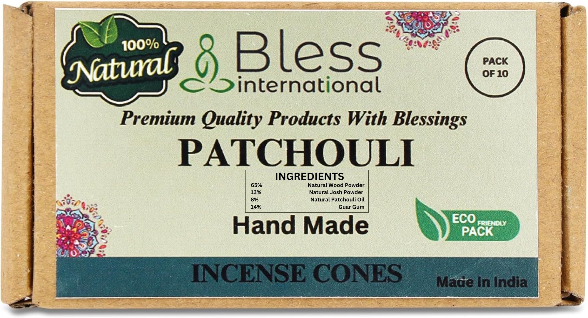 Bless International Patchouli 100%-Natural-Incense-Cones Handmade-Hand-Dipped Organic-Chemicals-Free for-Purification-Relaxation-Positivity-Yoga-Meditation The-Best-scents (10 Count )