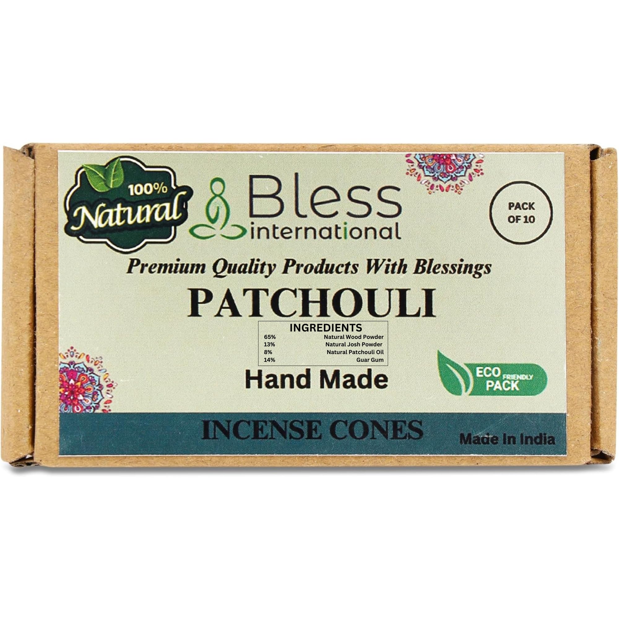 Bless International Patchouli 100%-Natural-Incense-Cones Handmade-Hand-Dipped Organic-Chemicals-Free for-Purification-Relaxation-Positivity-Yoga-Meditation The-Best-scents (10 Count )
