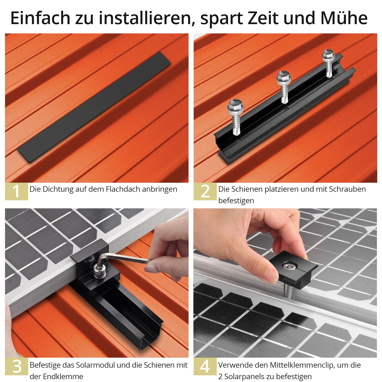 Anbte Solarmodul Halterung Kit, für 2pcs Solarmodul 30MM/35MM, Schwarz | 6pcs Kurzschiene 120MM aus Aluminium inkl. 4pcs Endklemme + 2pcs Mittelklemme + 1pcs Schraubenschlüssel, Solarpanel Montage