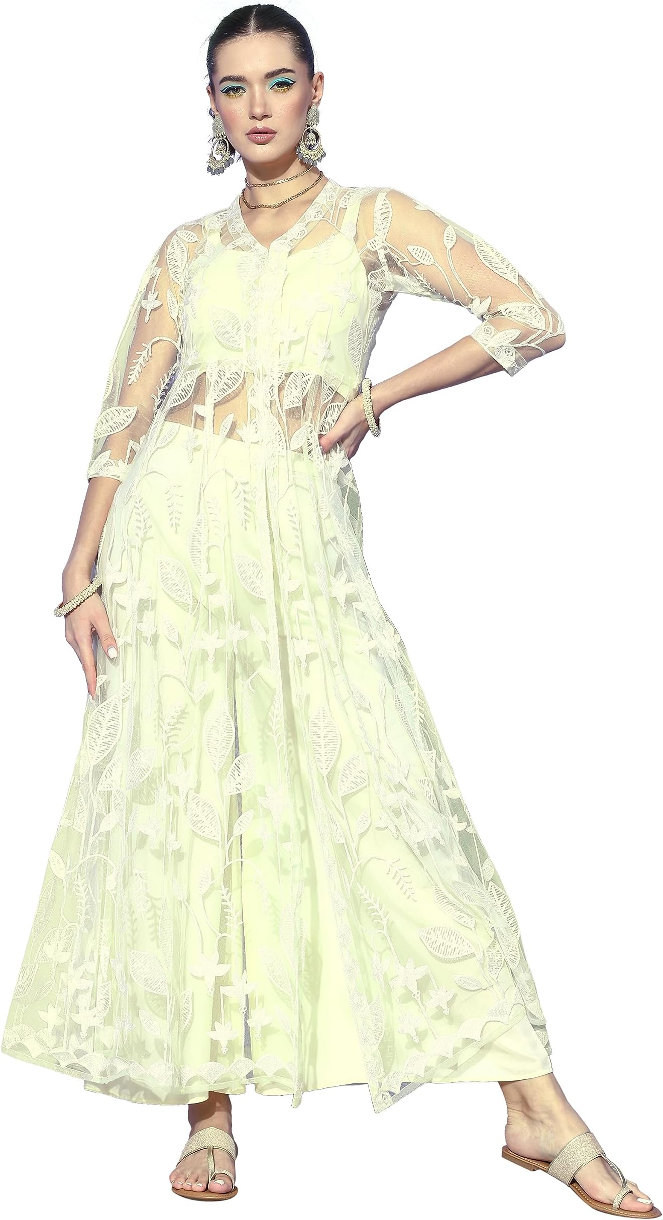 LYMI LABELFusion Set For Women - Solid Spaghetti Satin Top With Palazzo and Net Chain Stitched Work jacket Fusion Set For Festive Ethnic Wear