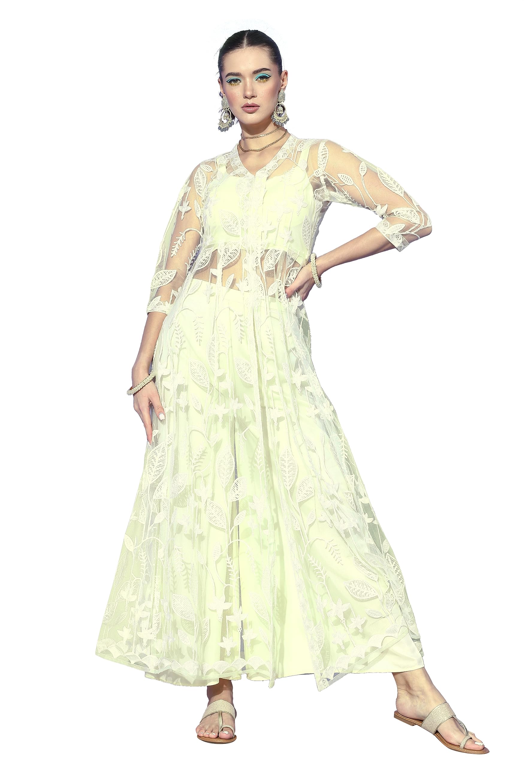 LYMI LABELFusion Set For Women - Solid Spaghetti Satin Top With Palazzo and Net Chain Stitched Work jacket Fusion Set For Festive Ethnic Wear