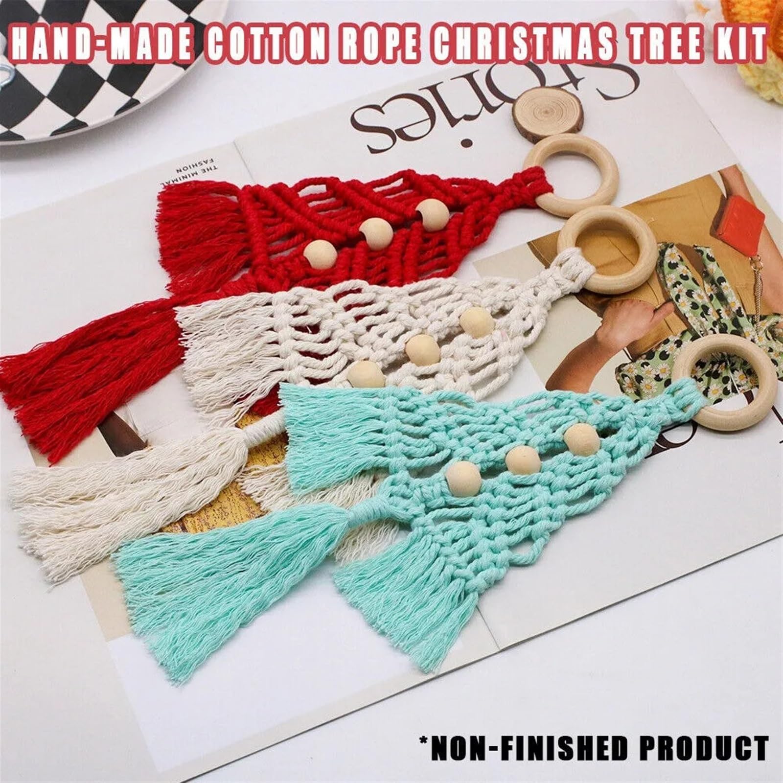 Kit De Tricot En Macramé Diy Kit de macramé d'arbre en corde de coton, 3 pièces/ensemble, bricolage, fil de coton, paquet de matériel fait à la main, décoration de tentures de fenêtre Pour La Décorati