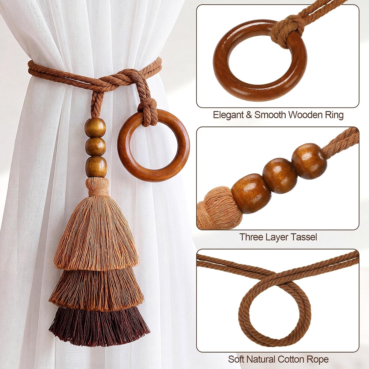 Novabright 4 Pack Boho Curtain Tiebacks with Wooden Beads and Rings Boho Rope Tassel Curtain Tiebacks Drape Tie Backs Farmhouse Holdbacks for Living Room Bedroom Outdoor Nursery Decor(Brown,Tassel)