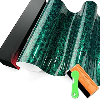 PET Marble Forged Carbon Fiber Textured Gloss Emerald Green Vinyl Wrap Auto Car Sticker Decal Film Sheet Bubble Free Air Release Technology with Tool Set 1FTx5FT