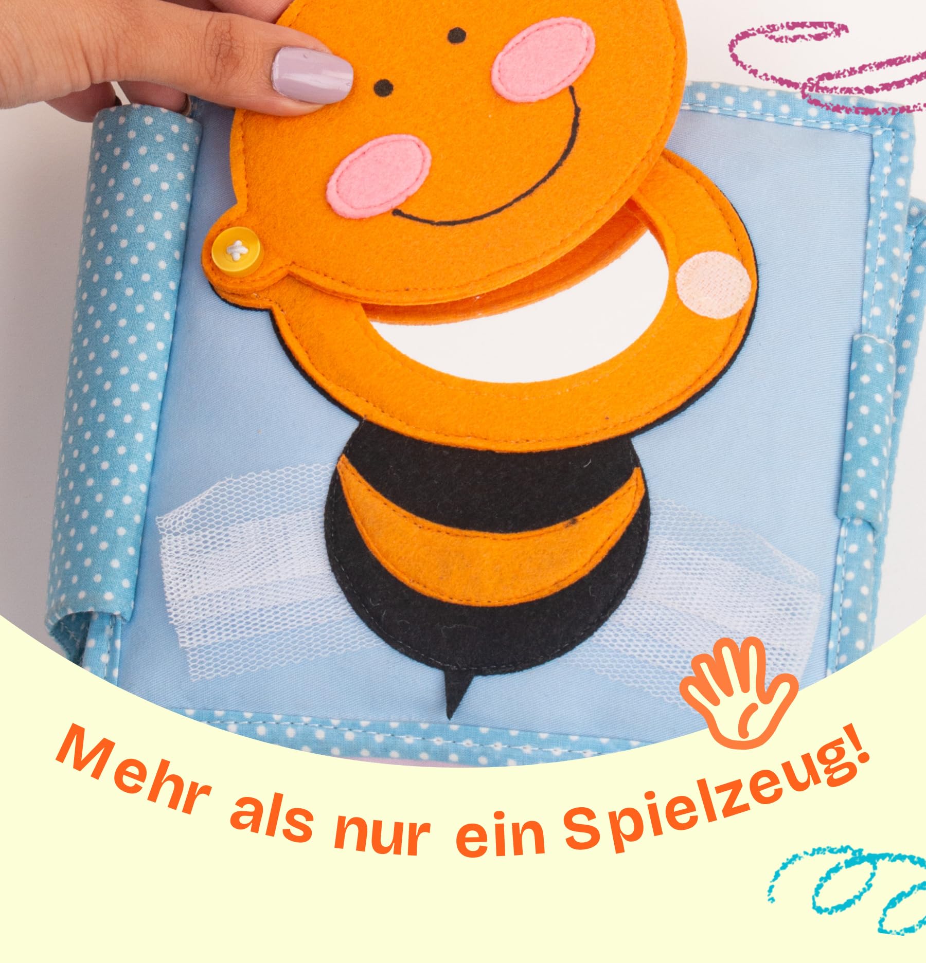 Jolly Designs – Piccola ape – Mini Quiet Book – Montessori Giocattoli a partire dai 6 mesi – Promuovere le capacità motorie e sensoriali – Libro in feltro fatto a mano – Giocattolo educativo per