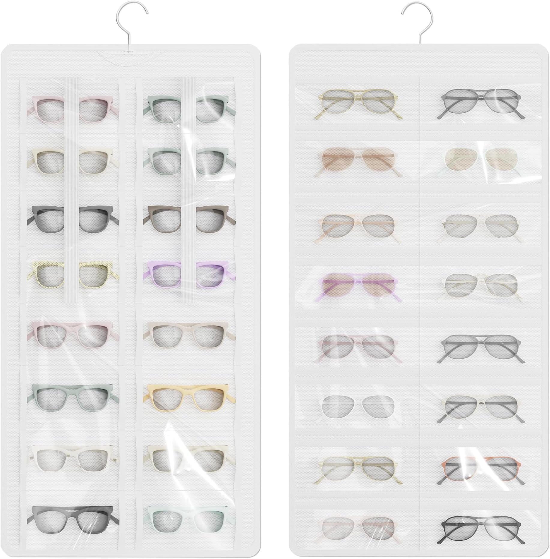 Hanging Sunglasses Organizer and Storage, Dual-Sided Sunglasses Case and Jewelry Holder, Wall-Mounted, 32 Clear Slots, Dust-Proof, Roof Design for Travel, White