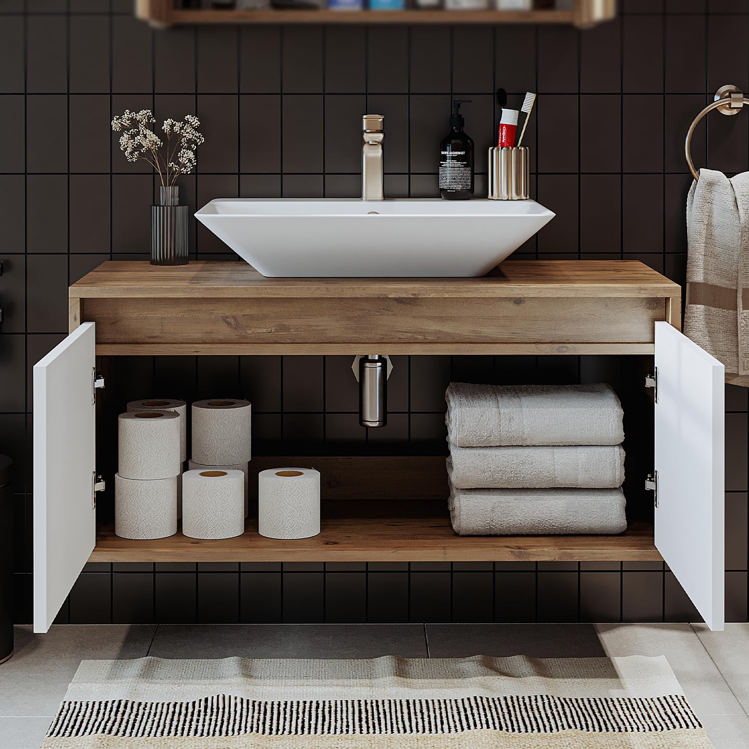 Roomart, Atlantic, armadietto da 100 cm con lavabo in ceramica, set di mobili da bagno, 4 pezzi, armadietto a specchio, armadio alto (rovere bianco)