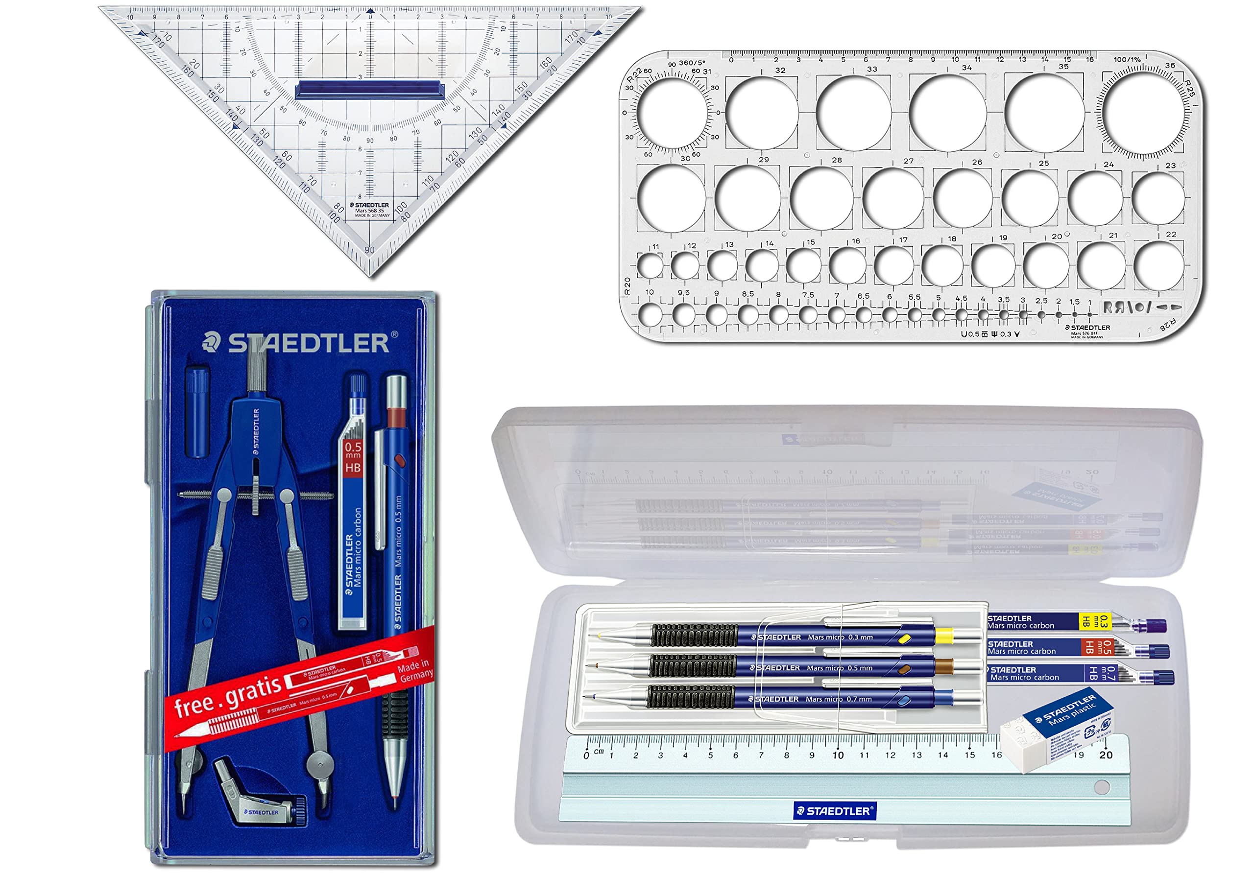 Staedtler Mars Comfort, Zeichenset (Profi-Set) | Zirkel Set, Kreisschablone, Geodreieck, Druckbleistifte Set, Ersatzminen, 20cm Alu-Lineal, Radierer und Box für die Schreibgeräte