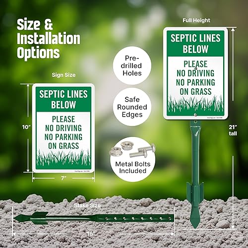 Miniatura 4 de SmartSign Letrero de patio con texto en inglés "Septic Lines Below - Please No Driving No Parking On Grass" de 10 x 7 pulgadas, kit de estaca de 18