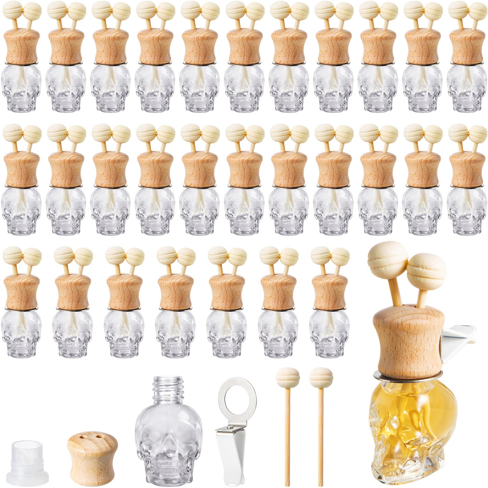 Zubebe 30 Pack Car Air Freshener Diffuser Bottles with Vent Clip, Skull