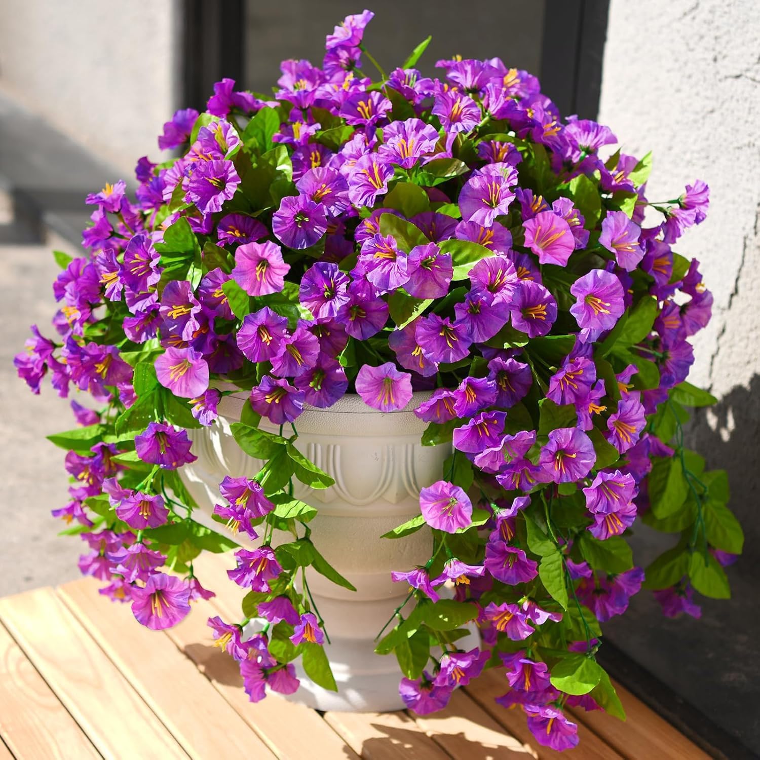 INQCMY Artificial Flowers for Outdoor Spring Decor Faux Silk Morning Glory Fake Hanging Flowers 2pcs, UV Resistant Look Real for Home Porch Lawn Garden