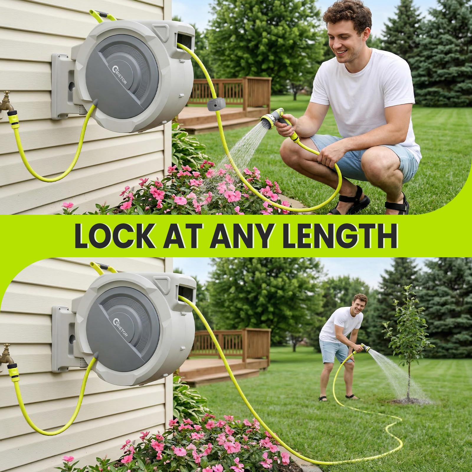 Enrouleur de tuyau d’eau 45 m + 2 m, rotatif à 180°, boîte de tuyau d’arrosage automatique de jardin avec 10 fonctions d’arrosage pour laver la voiture
