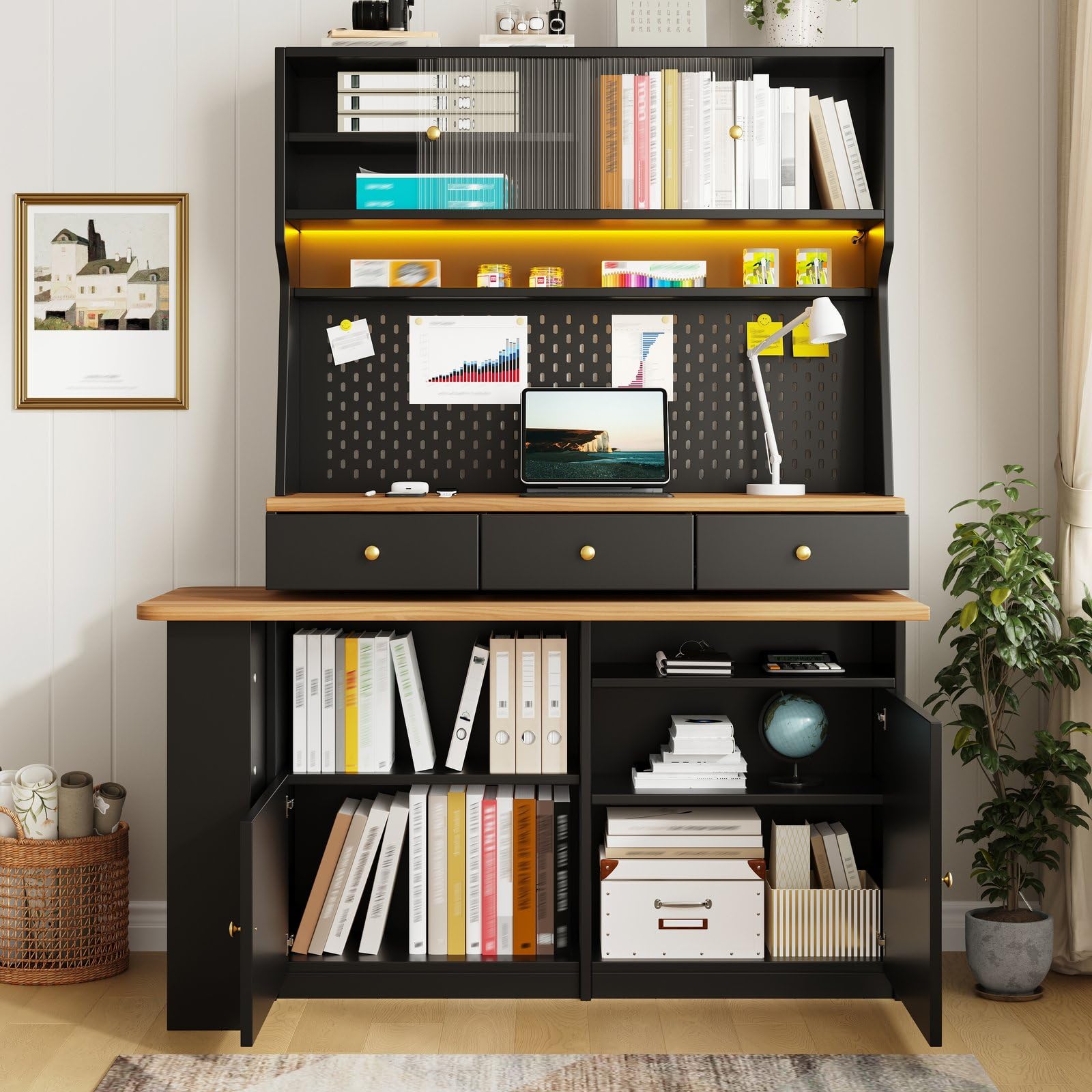 KOMHTOM Buffet Cuisine 137 cm, Vaisselier avec Plan de Travail et LED