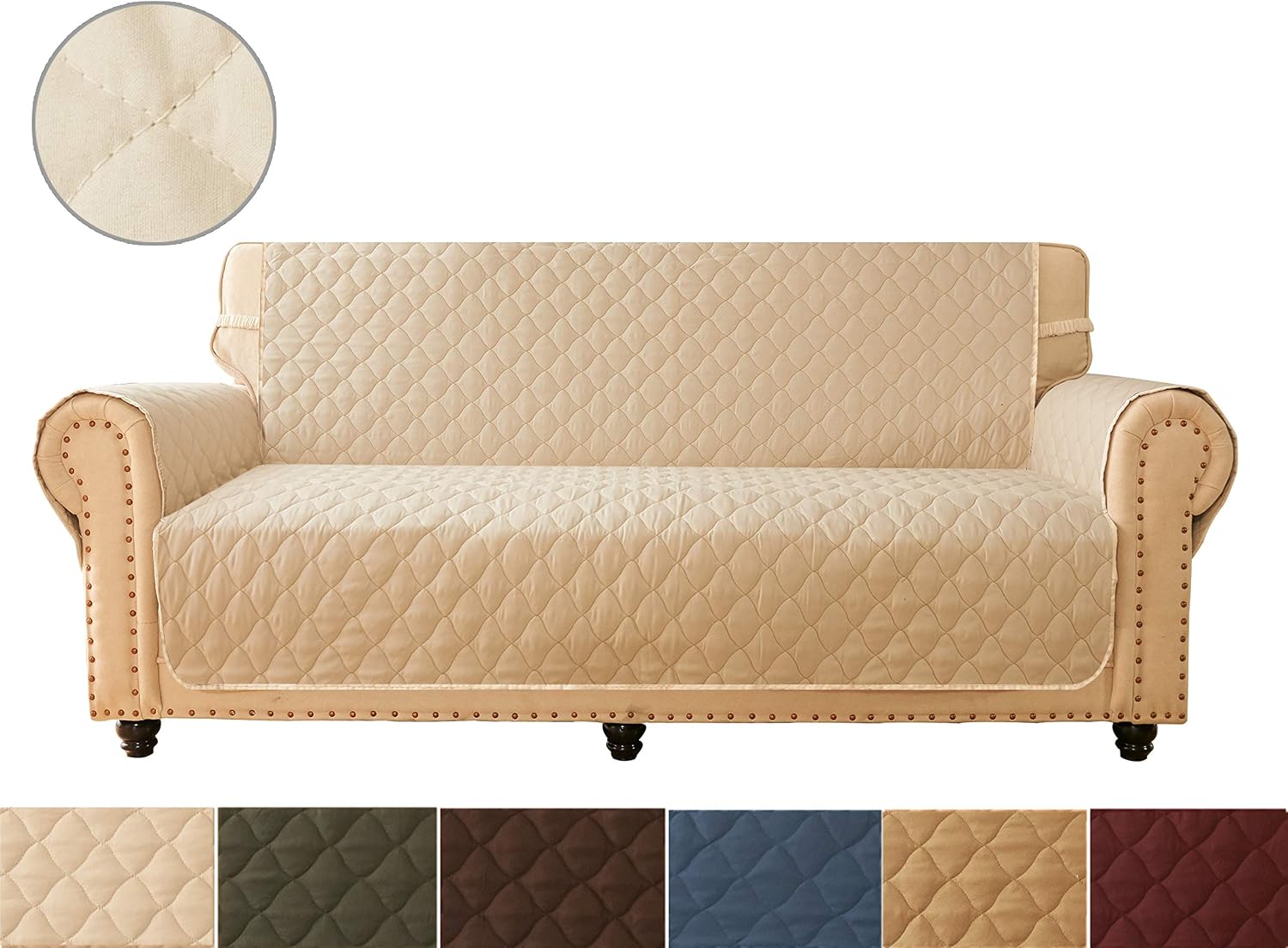 Ameritex Sofa Cover, Reversible Quilted Furniture Protector, Ideal Sofa Slipcovers for Pets & Children, Water Resistant, Will Keep Your Couch Stain, Dirt & Scratches-Free (style2 Beige, 68'')