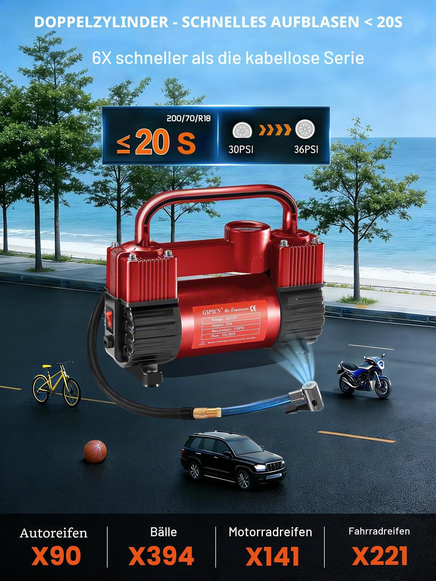 GSPSCN Metall Luftkompressor 150 PSI 12V Doppelte Zylinder Pumpe für Auto Reifen