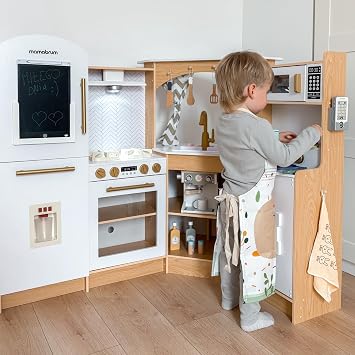 Mamabrum Corner Play Kitchen with Washing Machine, Lights and Sounds - Wooden Toy Kitchen Playset for Kids Age 3+ Accessory Utensils and Running Water Circulation - 50-Piece Fruit & Veg Set
