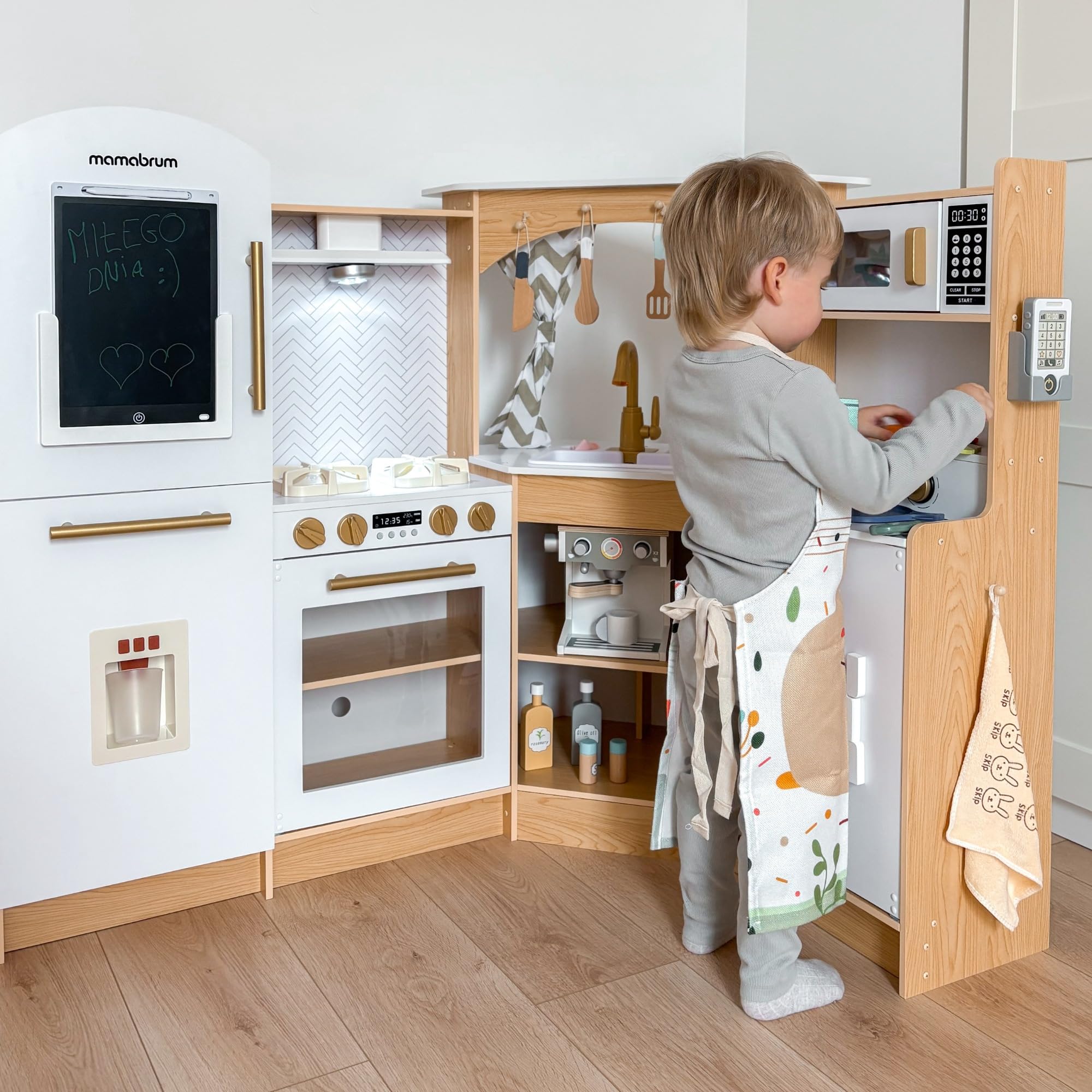 Mamabrum Cucina in Legno per Bambini 3+, Set XXXL con Luci LED, Caffettiera, Pentole, Frutta e Verdura | 50 Pezzi di Accessori Giocattolo
