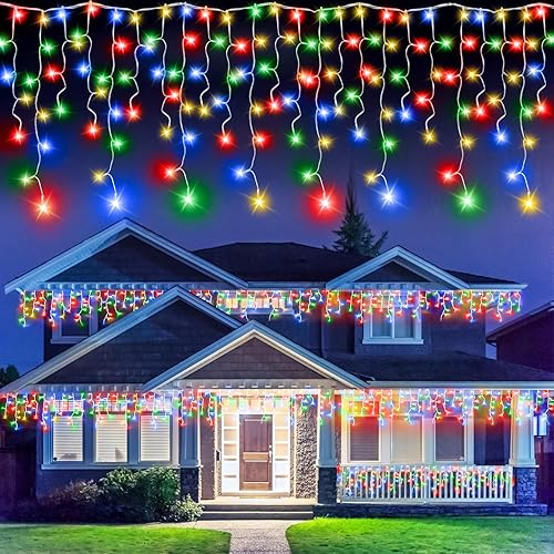 Miniatura 4 de 320 luces LED blancas de carámbanos impermeables para exteriores, 32.8 pies, luces de Navidad conectables con control remoto y temporizador, 8 modos