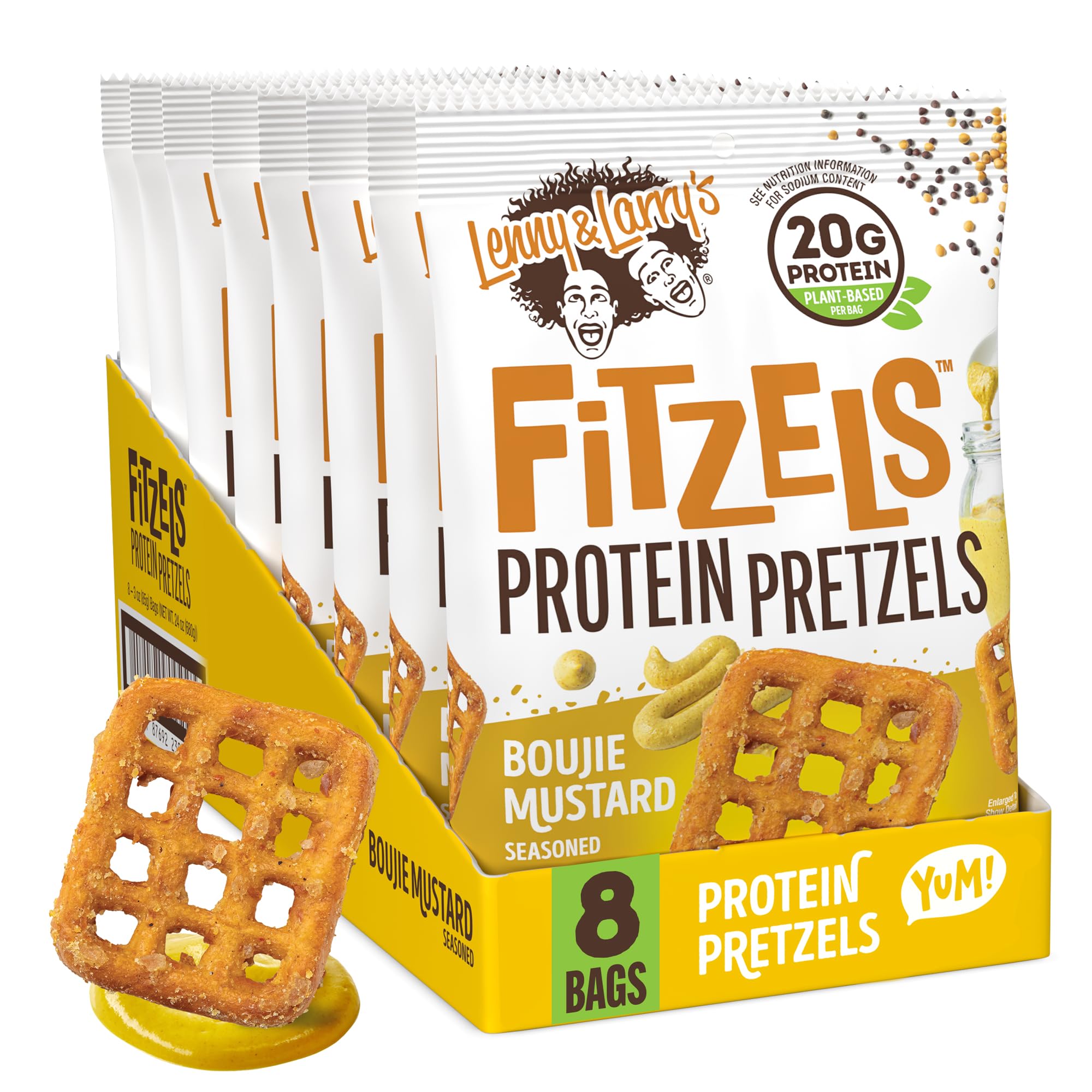 Lenny & Larry's Boujie Mustard FITZELS- Savory Pretzel Snacks Incredibly Tasty, High Protein, Salty, Vegan, 20 g's of Plant Based Protein 8 (eight) Bags, 3 oz Each