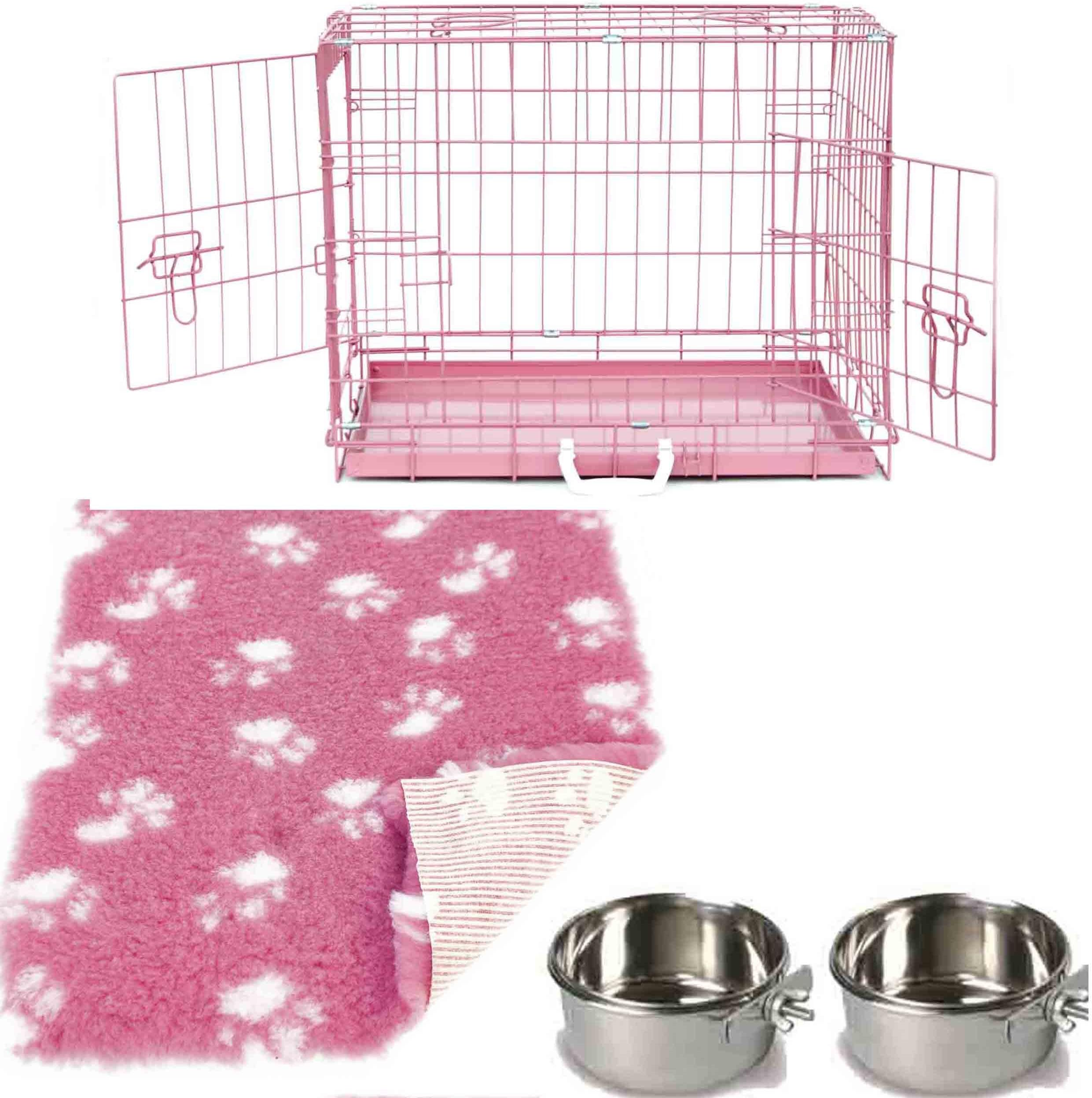 UKPET Pro Dog Crate Puppy Cage Folds Flat Pink 24" Small 60cm (Pink Dog Crate Small 24" DELUXE+ Comes With Pink Vet Bedding & Twin Bolt On Cage Bowls)