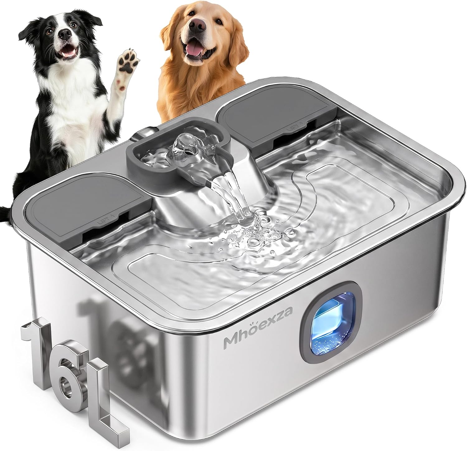 16L Stainless Steel Dog Water Fountain with Dual 5-Layer Filtration System | Ultra-Quiet Pump, Smart Light, 304 Stainless Steel, Wide Deep Tray, Easy Refill & Filter Change, Pet Water Fountain for Dogs