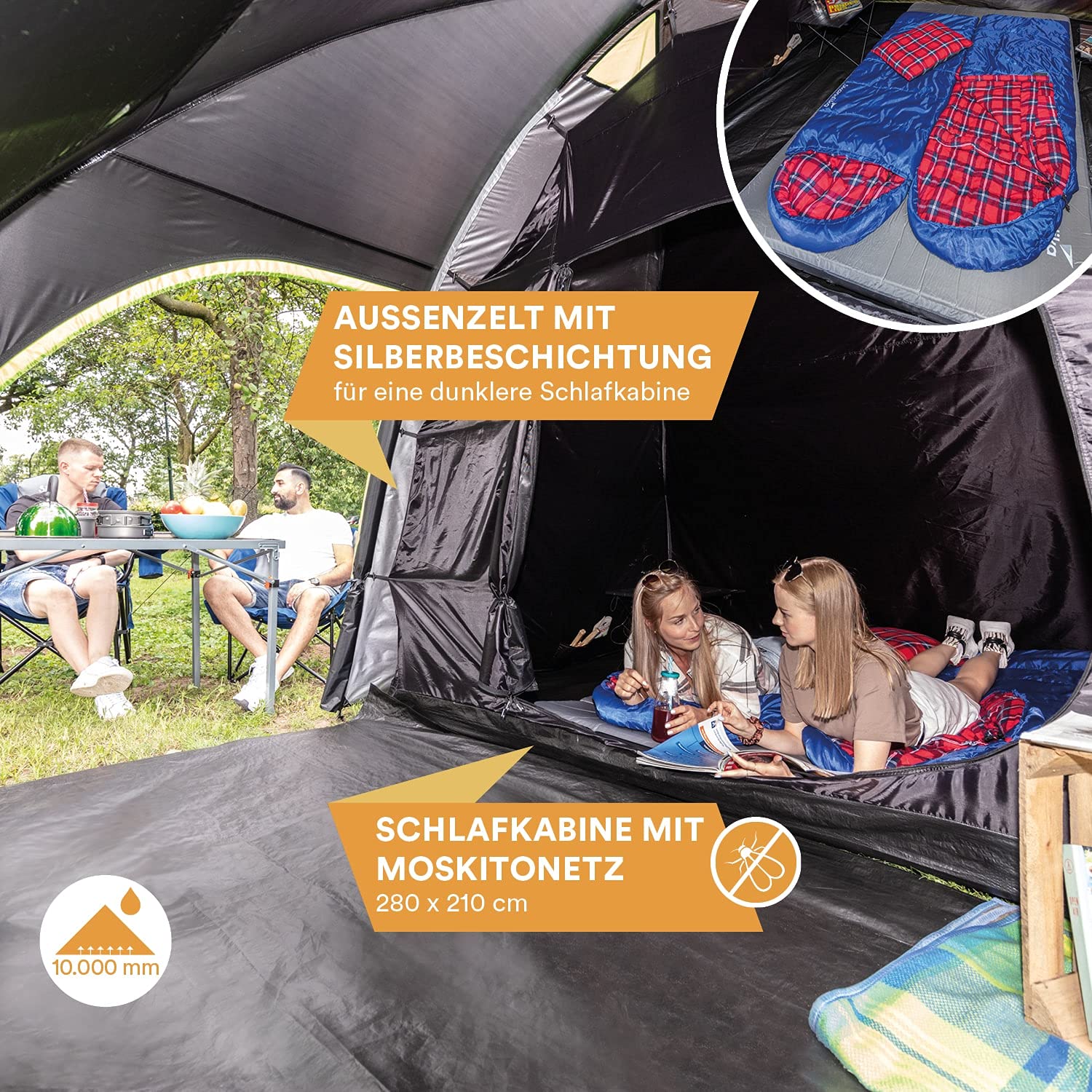 Skandika Zelt 4 Personen Vaasa | Campingzelt, Festivalzelt, wasserdicht, 3000 mm Wassersäule, Silberbeschichtung, 2 Eingänge, dunkle Kabine, 195 cm Stehhöhe | Kuppelzelt für Camping, Festival, Urlaub