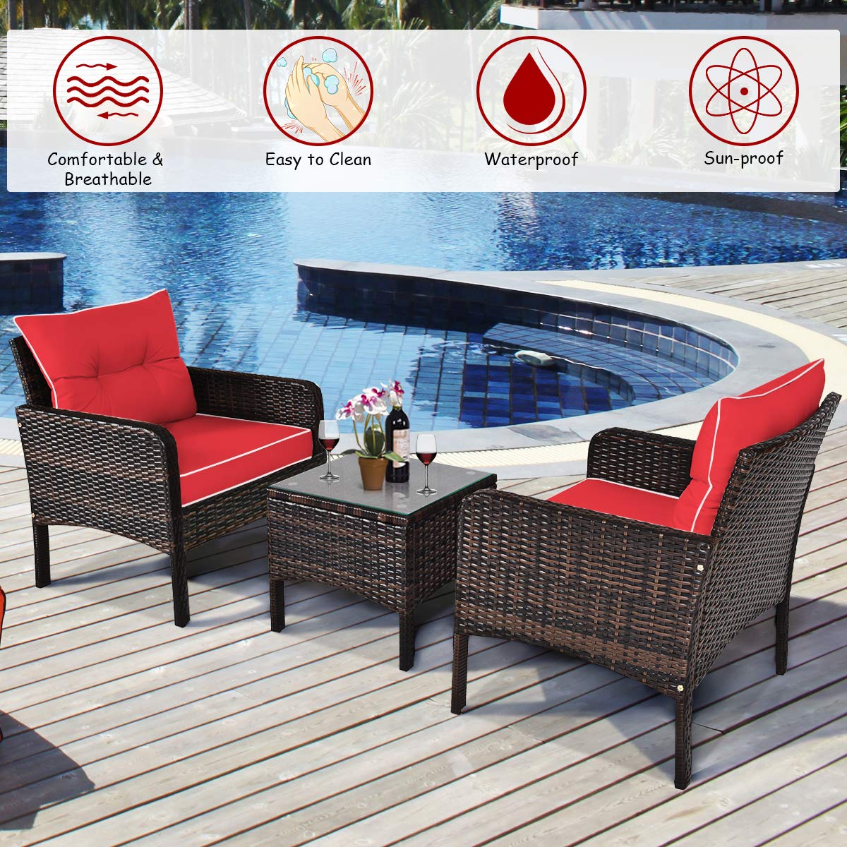 Juego de 3 muebles de patio al aire libre, juego de sillas de mimbre con mesa auxiliar de cristal, cojines gruesos, para todo tipo de clima, jardín, césped, piscina, patio, porche, juego para 8