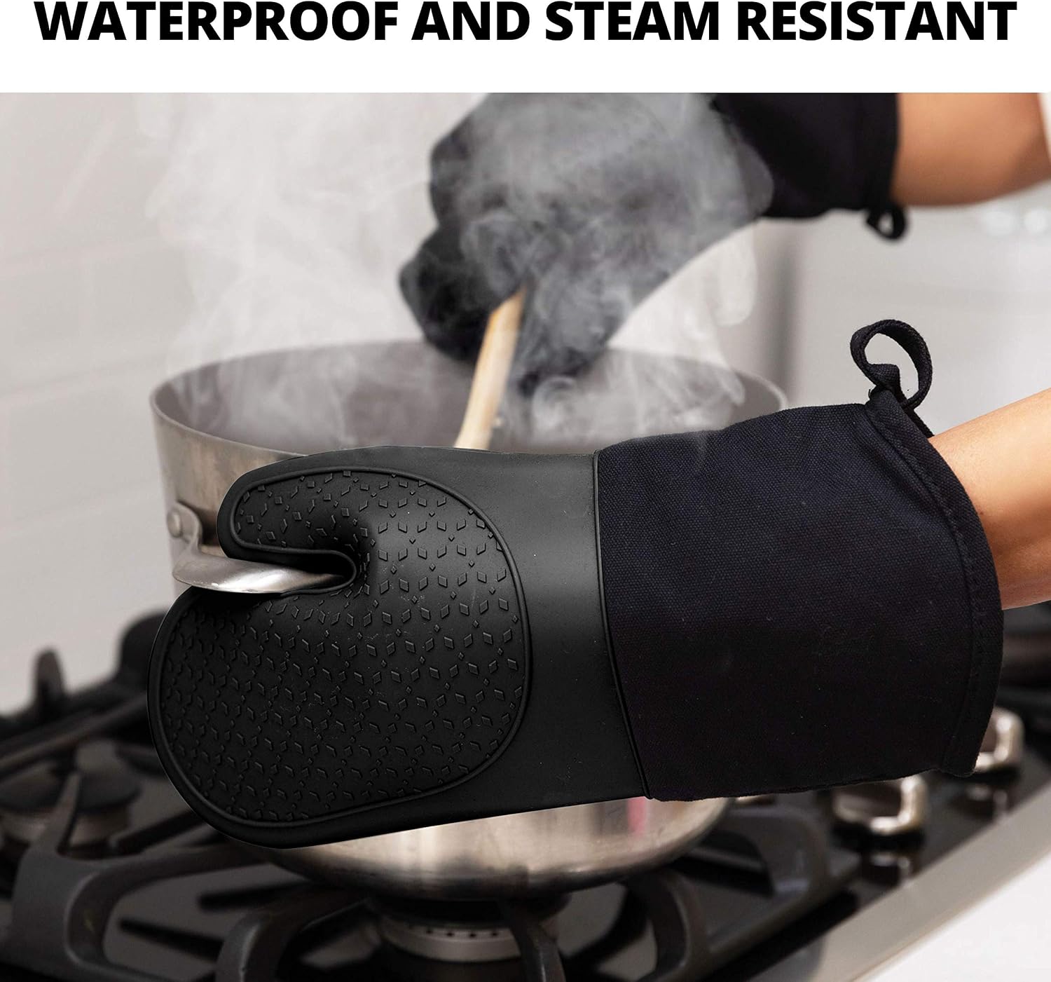 Silicone Oven Mitts Heat Resistant 500 Degrees - 2 Extra Long Silicone Oven Mitt Pot Holders - Food Safe Oven Gloves - BPA Free - Soft Inner Lining - (Black) - Frux Sili Mitts