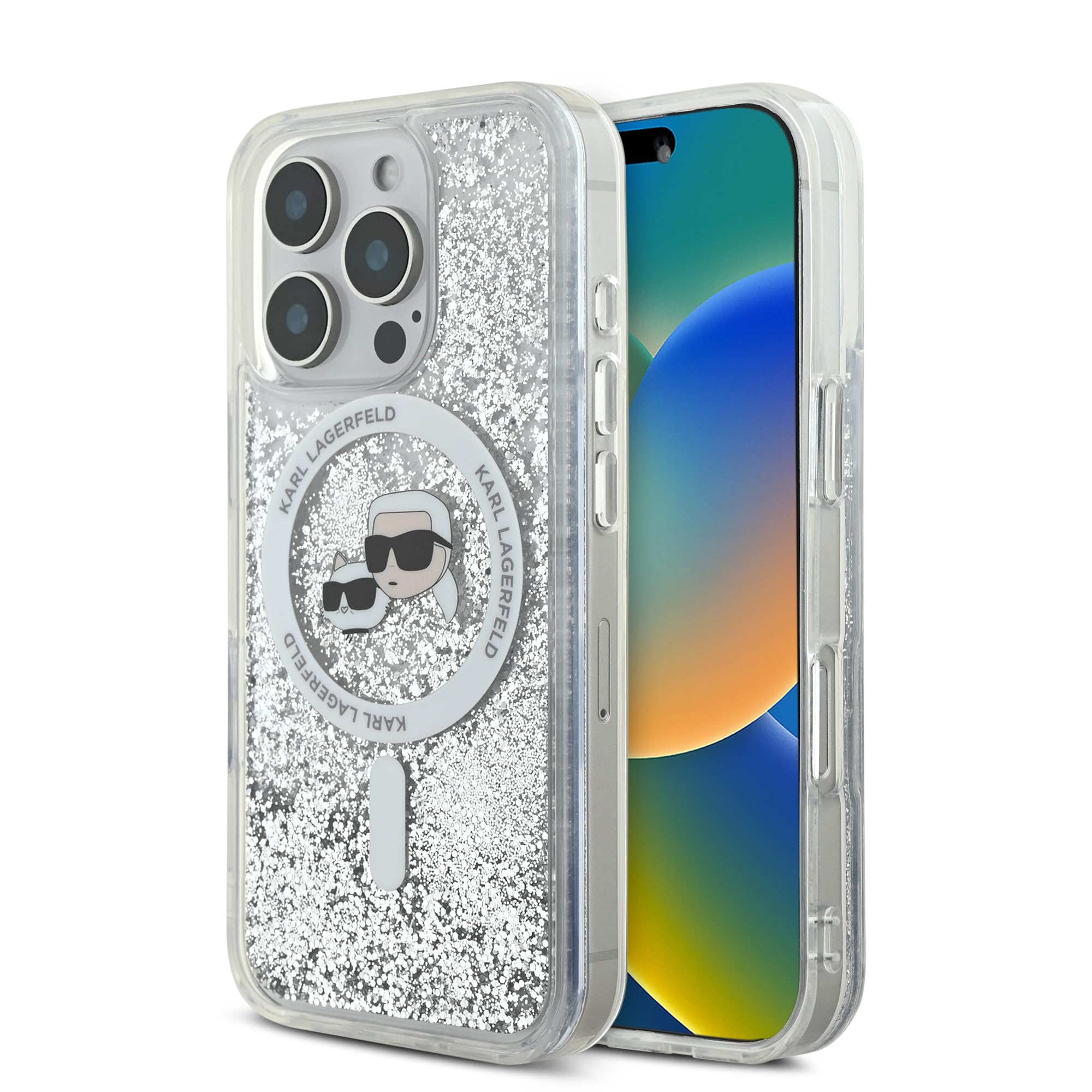CG Mobile Karl Lagerfeld Magsafe Liquid Glitter Hard Case with Karl & Choupette Head for iPhone 16 Pro Max, Drop Protection, Shock Absorption, Precision Cutouts, Sparkling Glitter Design - Transparent