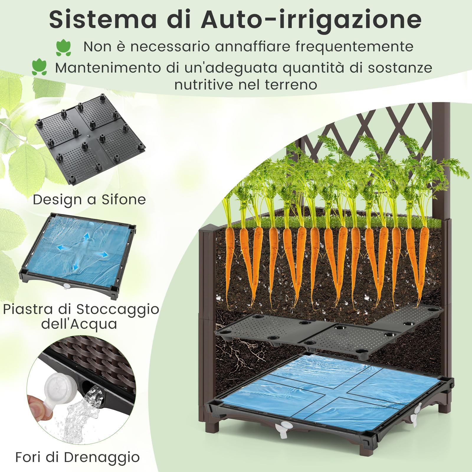 RELAX4LIFE 2 in 1 Fioriera da Esterno con Graticcio, Sistema Auto-irrigante e Drenaggio, Fioriera da Giardino per Piante Rampicanti, Balcone (Marrone, 40 x 40 x 140 cm)