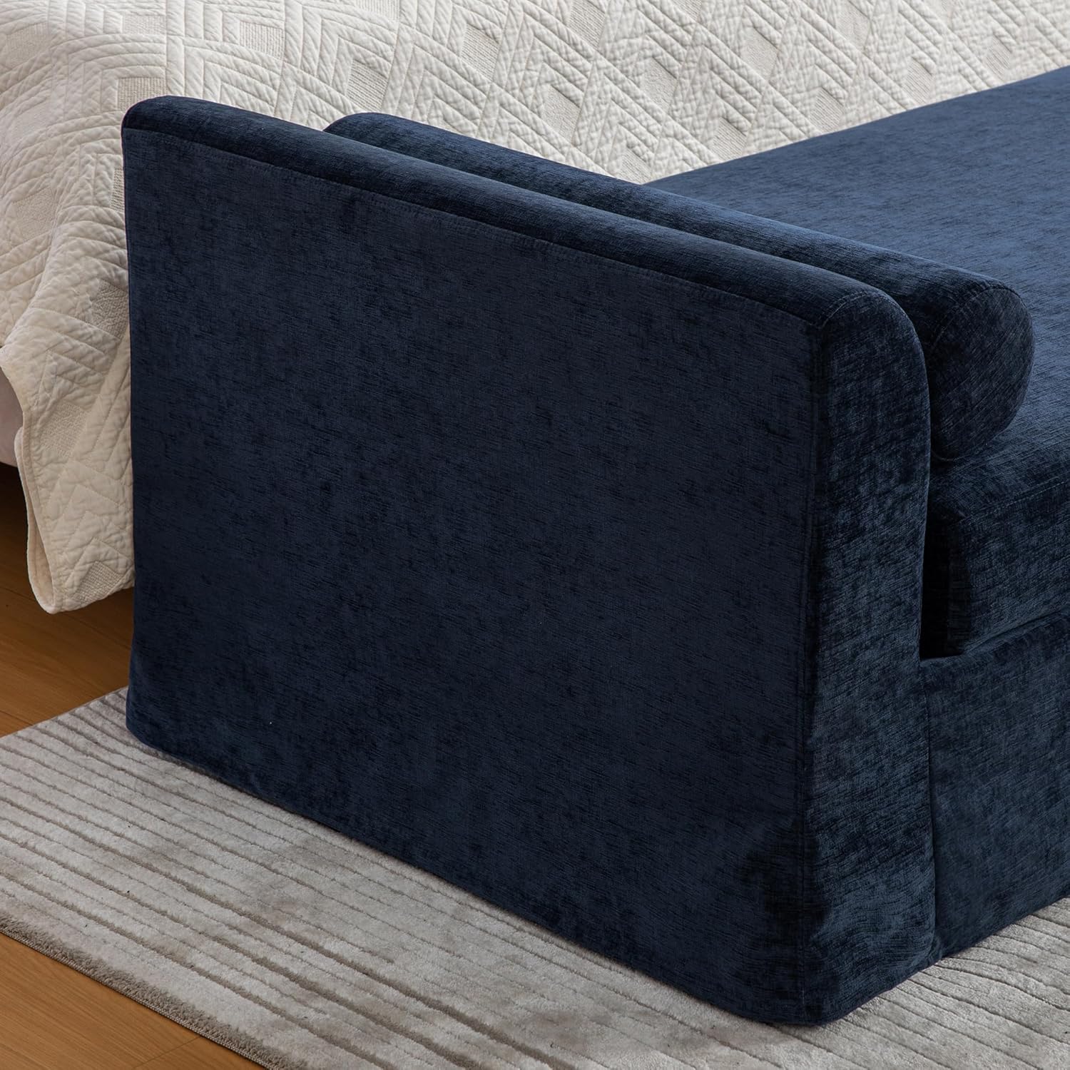 90" Oversized Upholstered Bench Navy,Extra Long End of Bed Bench with Removable Rolled Arm,Window Daybed Bench,Chenille Chaise Lounge,Extra Large Upholstered Benches for Bedroom,Living Room